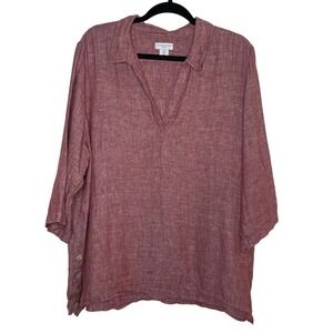 Antibes Blanc Heathered Pink Linen Collared Tunic Top Womens 1X Lagenlook